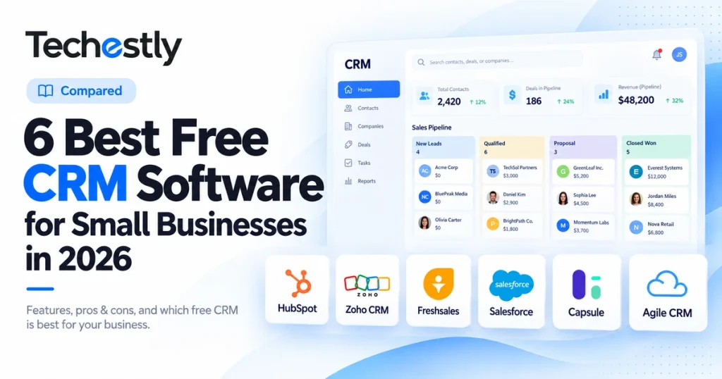 Illustration comparing six free CRM software options for small businesses in 2026