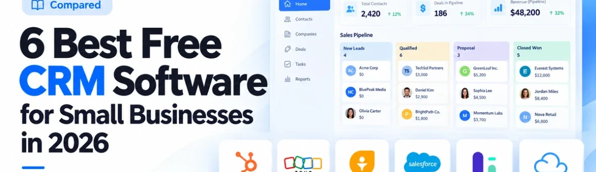 Illustration comparing six free CRM software options for small businesses in 2026